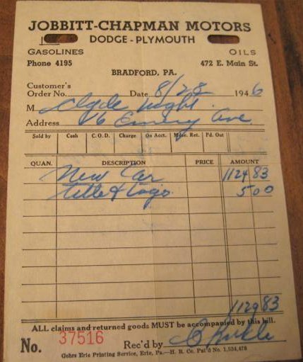 1946 Car Sale receipt from Jobbitt-Chapman Motors -don./ R Wight Jr