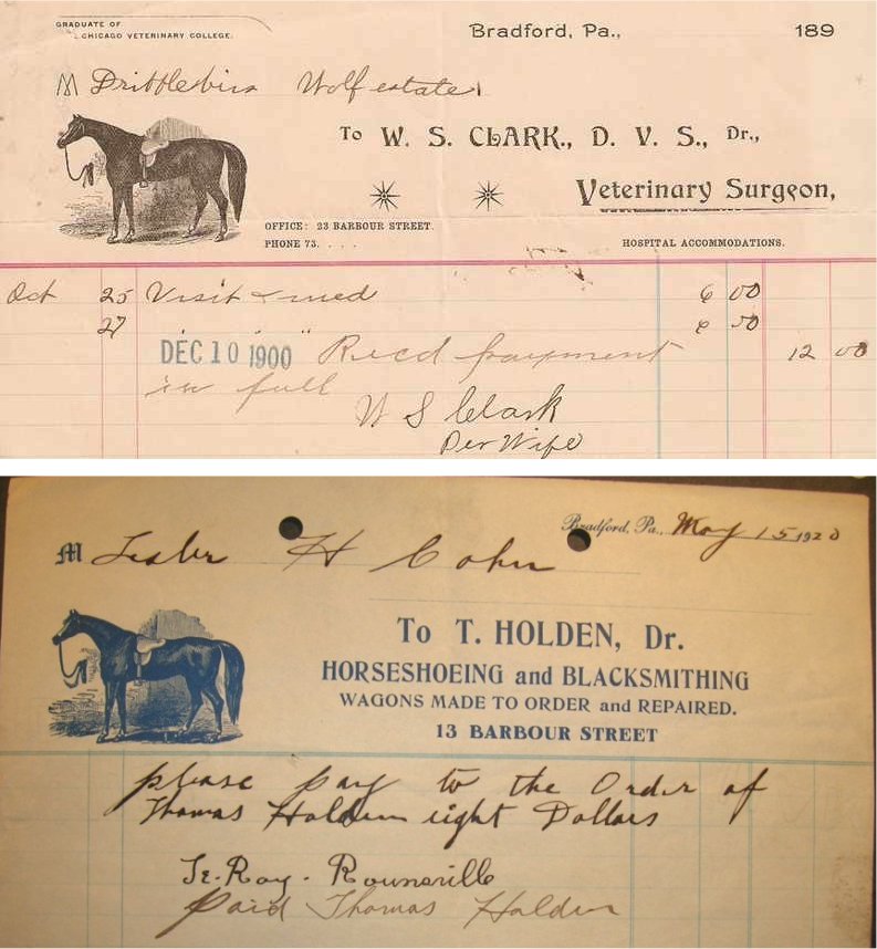 Receipts for Veterinarian & Blacksmith 1900 / 1920