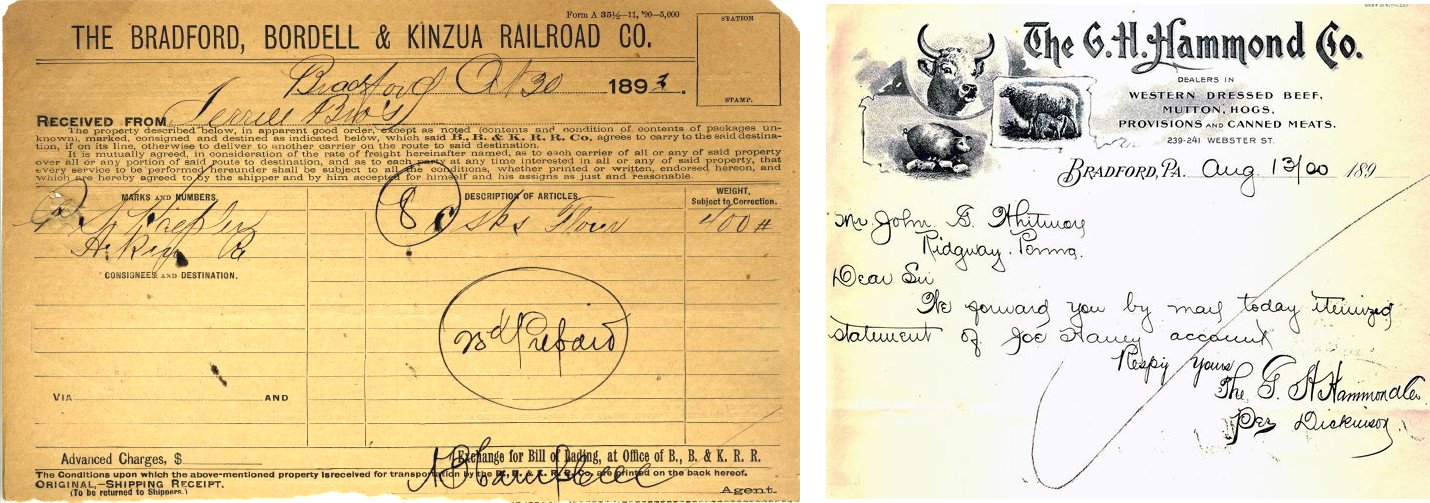 BB & K RR 1893 Receipt / GH Hammond Co 1900 Receipt