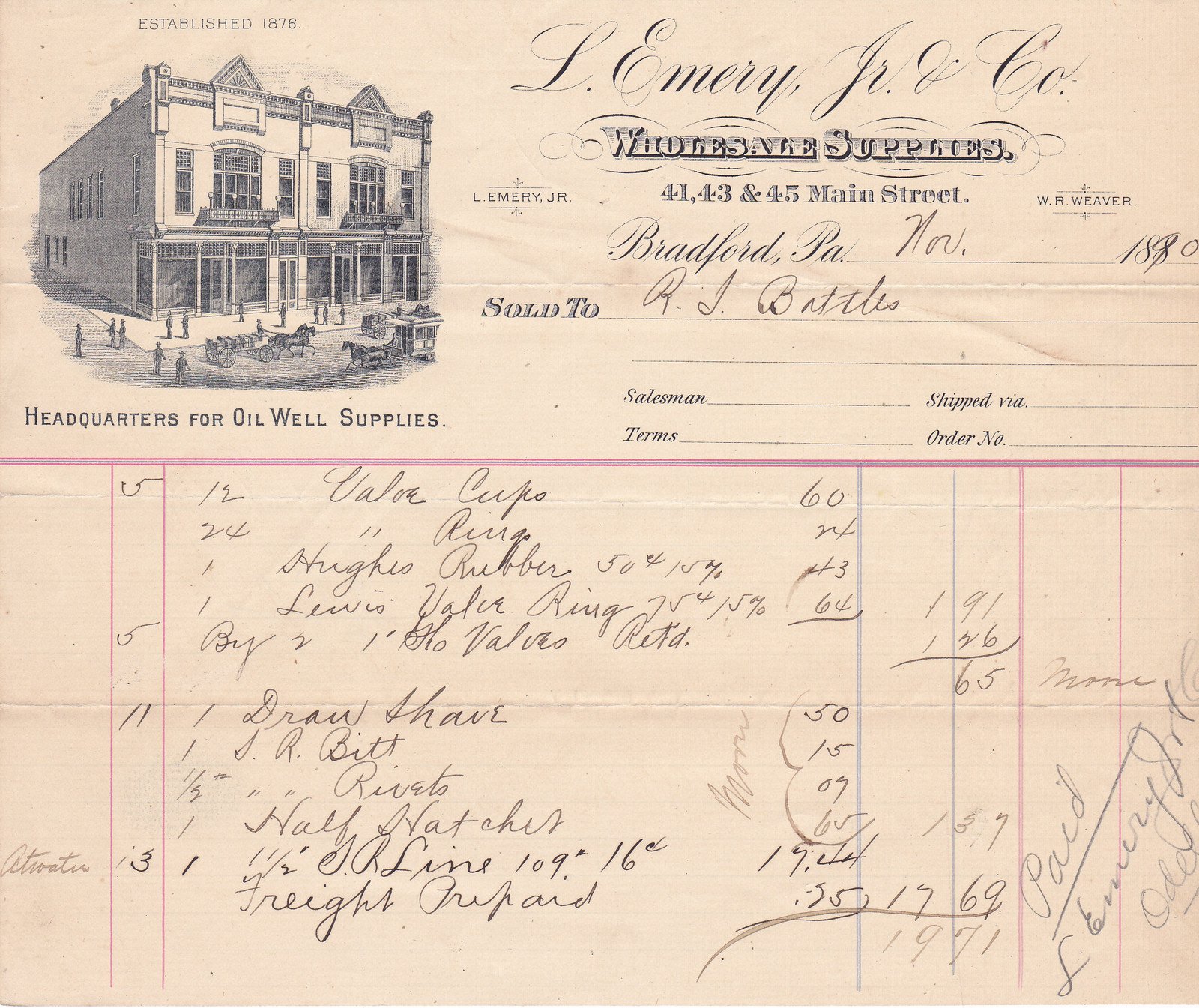 L. Emery Jr & Co 1890 receipt