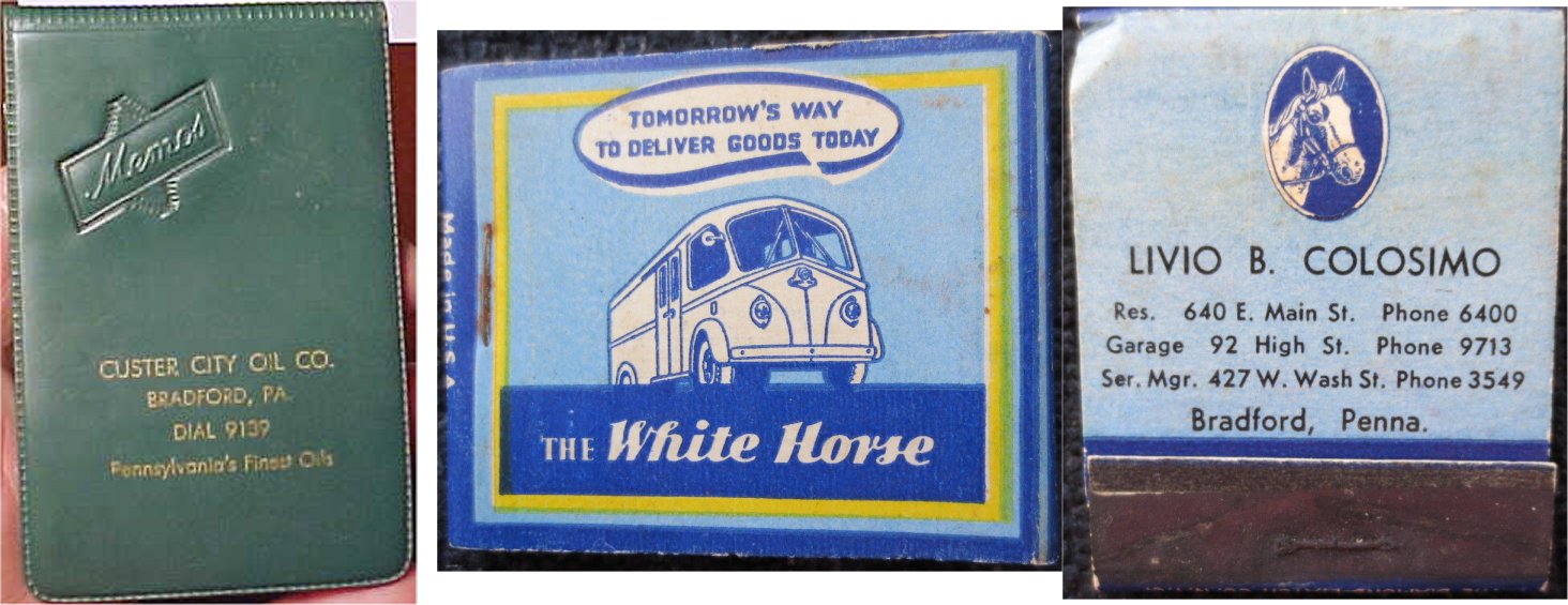 Custer City Oil Co memo book / The White Horse ad matchbook