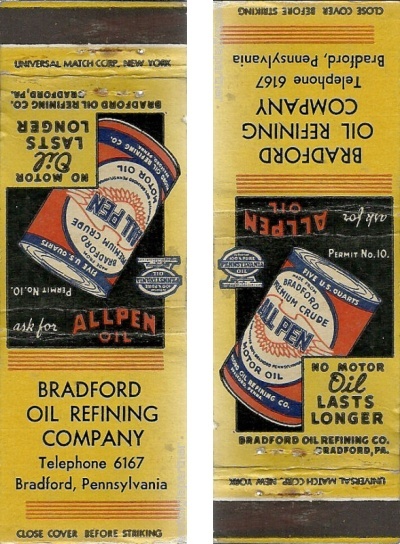 Bradford Oil Refining Co / ALLPEN OIL ad matchbook