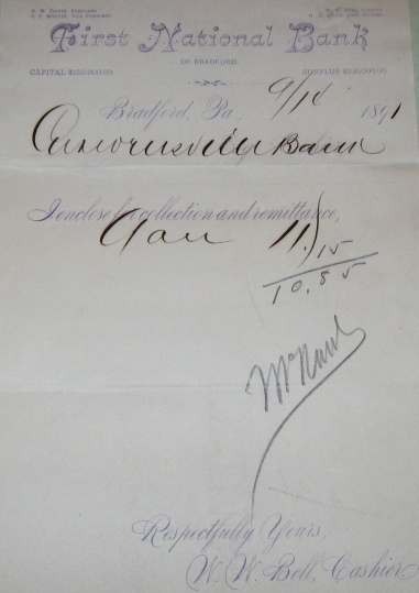 First National Bank of Bradford 1891 receipt
