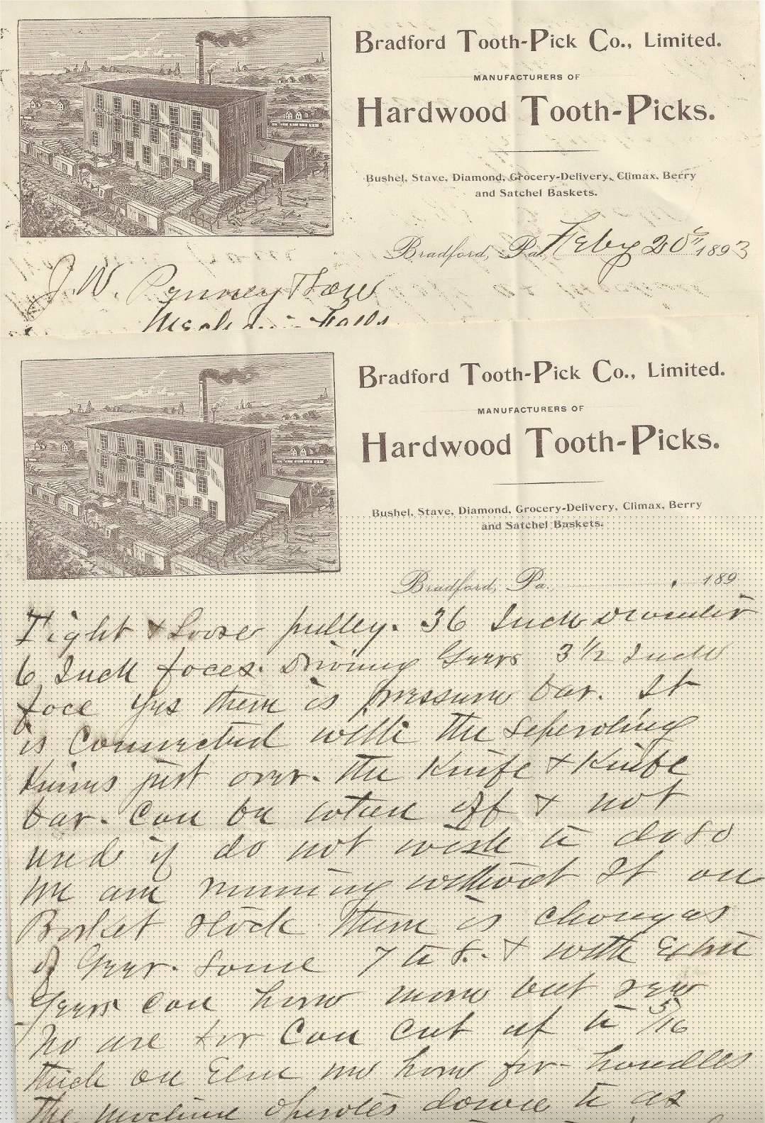 Bradford Tooth-Pick Co letterhead 1893