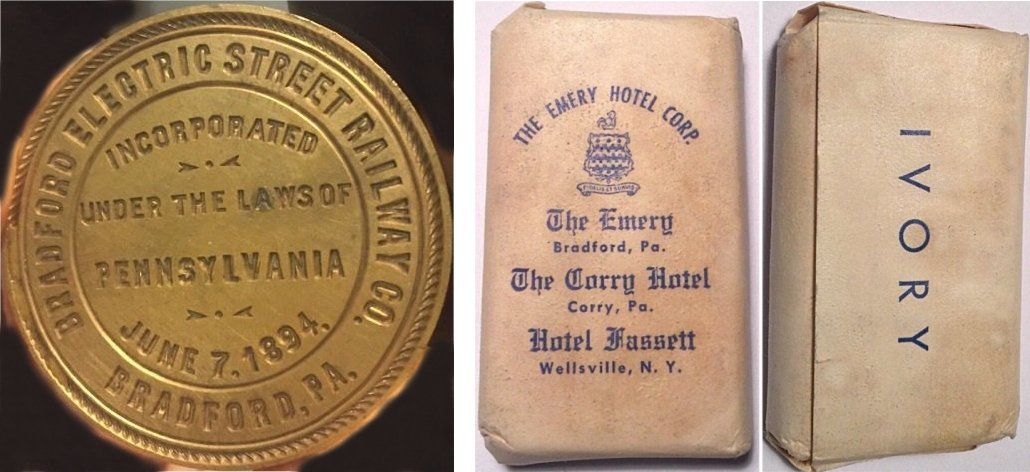 Bradford Electric Street Railway Co stamp / Emery Hotel ad soap