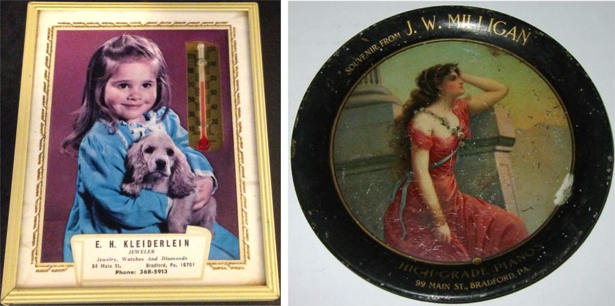 EH Kleiderlein Jeweler ad thermometer / JW Milligan Pianos ad tray