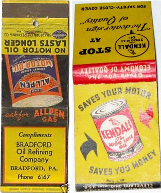 bradford oil refining co, kendall matchbooks