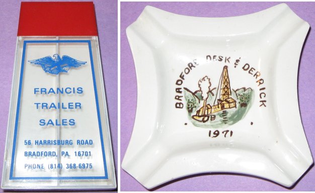 salt & pepper shaker, desk & derrick ashtray 1971