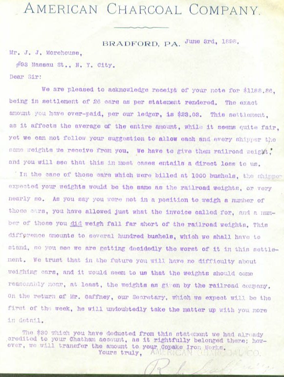 American Charcoal Co. 1898 Letter, Bradford