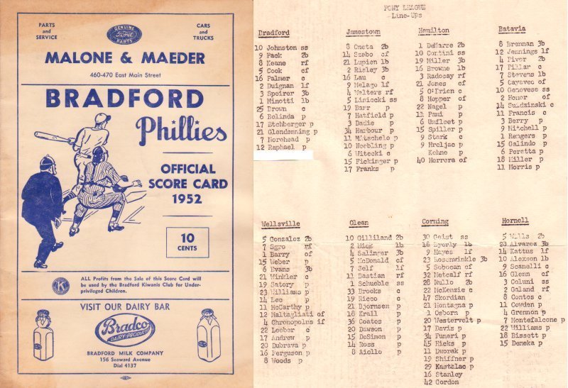 Bradford Phillies Baseball 1952 Score Card & Pony League Line-Ups